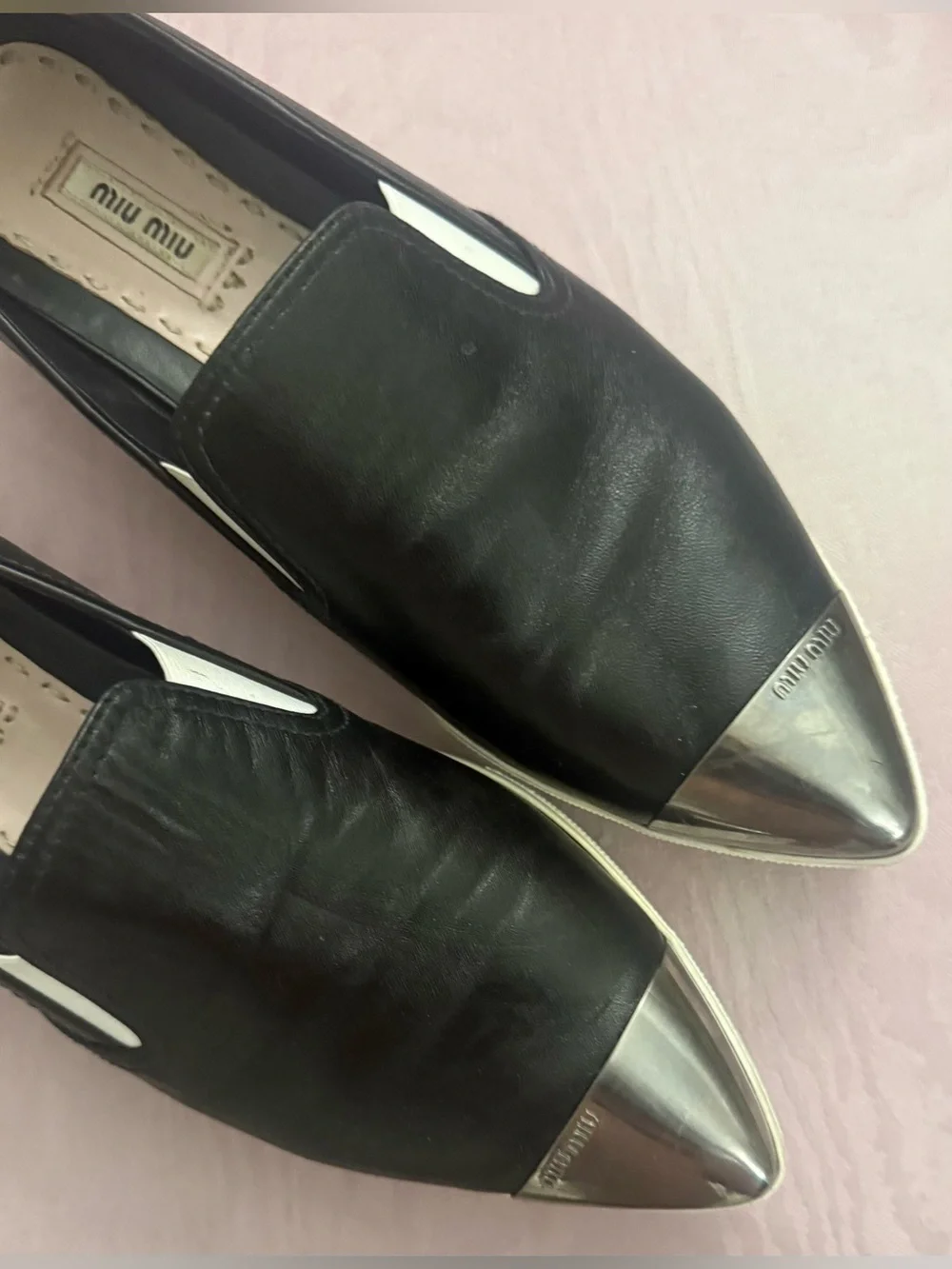 Miu Miu Black Leather Slip-On Sneakers with Silver Cap Toe